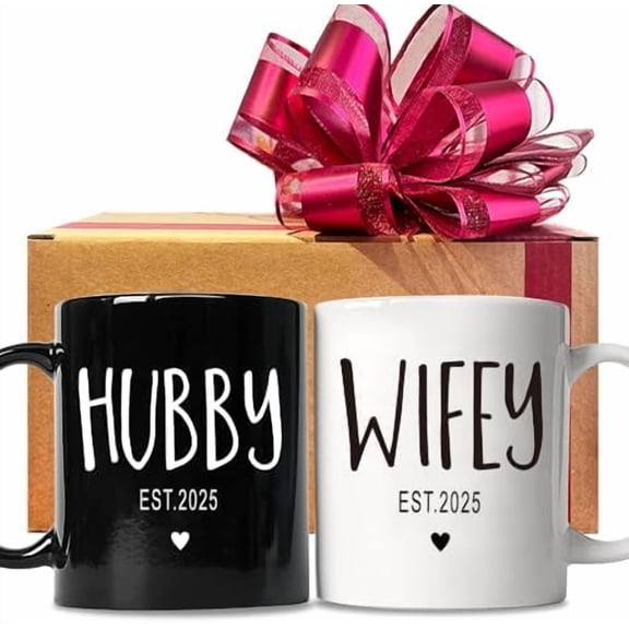 Est 2025 Hubby & Wifey Coffee Mug Set, Wedding Mug Gifts for Couple, Bride Groom Mug Set, Novelty Couples Coffee Mug Set, Mr and Mrs Mugs, Mr & Mrs Bridal Shower Gift, Wedding Gifts