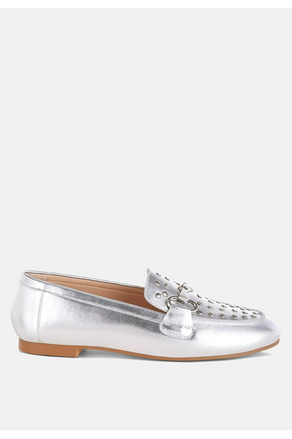 Estafa Horsebit Studs Metallic Pleather Loafers