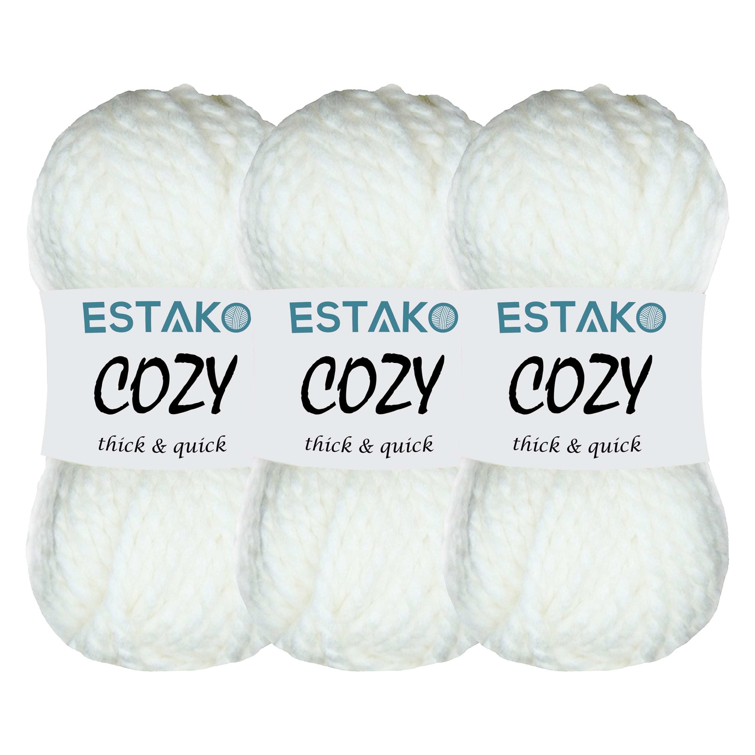 Estako Cozy Thick & Quick Yarn, 3 Skeins, Super Bulky Weight 6, 80% Acrylic 20% Wool, 50187-White