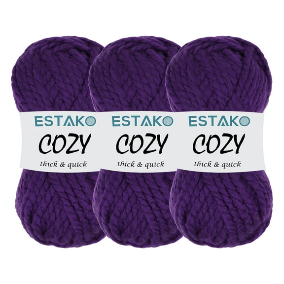 Estako Cozy Thick & Quick Yarn, 3 Skeins, Super Bulky Weight 6, 80% Acrylic 20% Wool, 50662-Purple