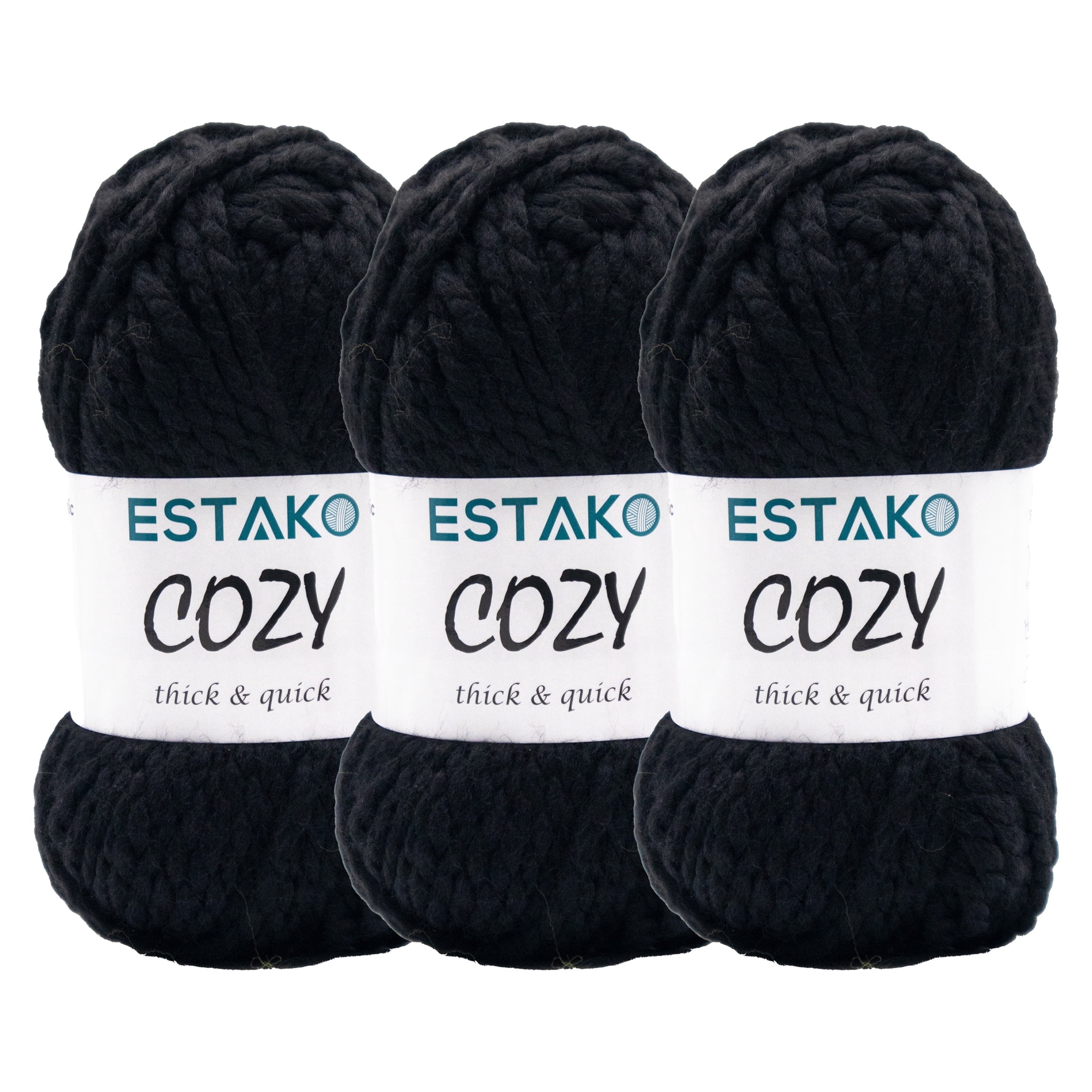 Estako Cozy Thick & Quick Yarn, 3 Skeins, Super Bulky Weight 6, 80% Acrylic 20% Wool, 50968-Black