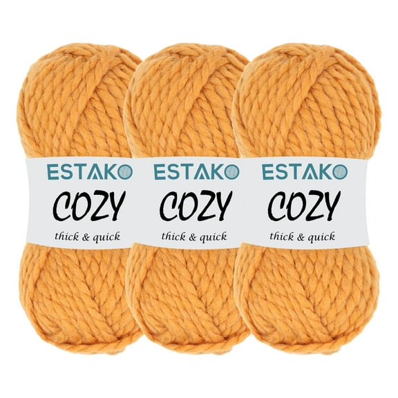 Estako Cozy Thick & Quick Yarn, 3 Skeins, Super Bulky Weight 6, 80% Acrylic 20% Wool, 52095-Mustard