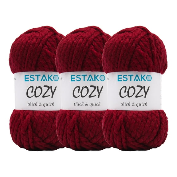 Estako Cozy Thick & Quick Yarn, 3 Skeins, Super Bulky Weight 6, 80% Acrylic 20% Wool, 53075 - Dark Red