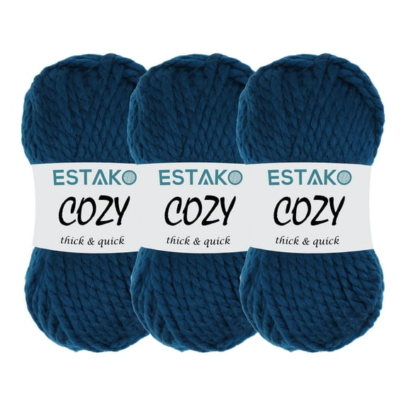 Estako Cozy Thick & Quick Yarn, 3 Skeins, Super Bulky Weight 6, 80% Acrylic 20% Wool, 55132-Night Blue