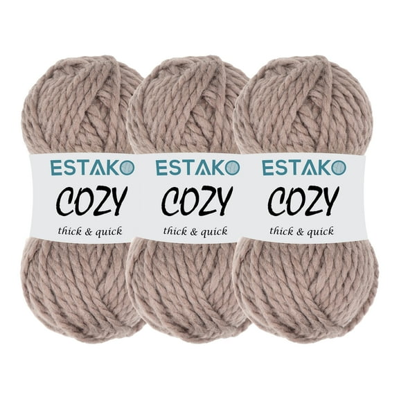 Estako Cozy Thick & Quick Yarn, 3 Skeins, Super Bulky Weight 6, 80% Acrylic 20% Wool, 57036-Mink