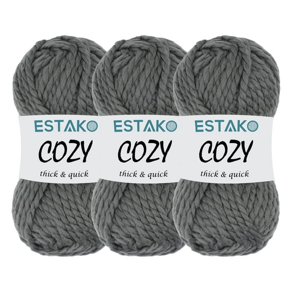 Estako Cozy Thick & Quick Yarn, 3 Skeins, Super Bulky Weight 6, 80% Acrylic 20% Wool, 59054-Dark Grey