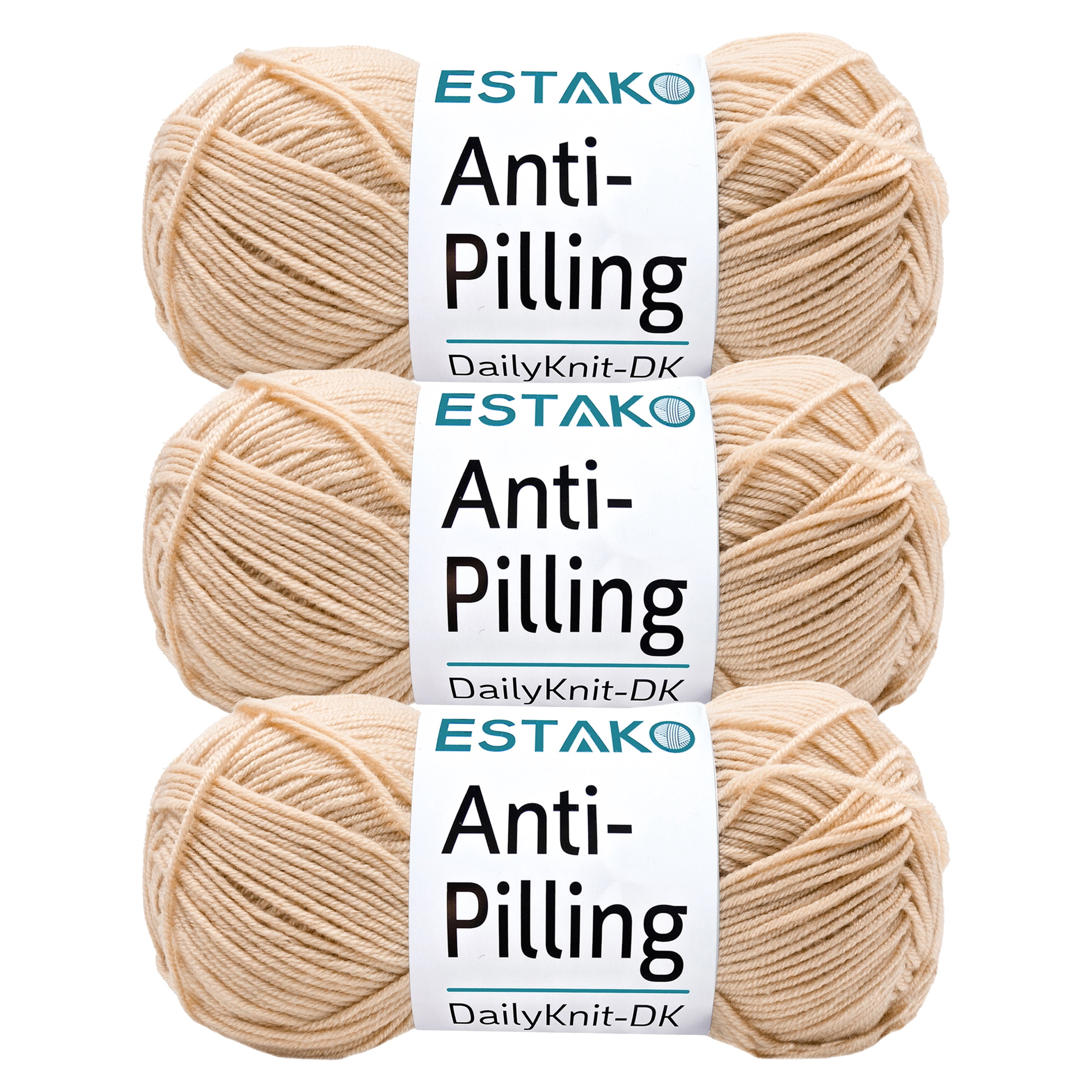 Estako DailyKnit-DK - (3 Skeins Pack) - 100% Anti-Pilling Acrylic Yarn - Soft DK Light Weight #3 - (3 x 3.52 oz / 3 x 273 yds) - for Knitting & Crocheting ( 80007 - Beige )