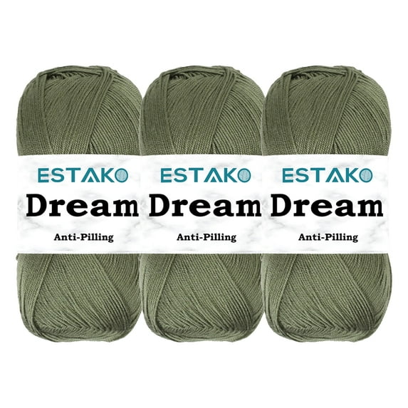 Estako Dream, (3 Skeins Pack) 100% Microfiber Acrylic Yarn, Soft, Super Fino/Fingering Weight (1) for Crochet and Knitting (3 x 3.5 Oz) / (3 x 382 Yrds) ( 74022 - Olive Green )