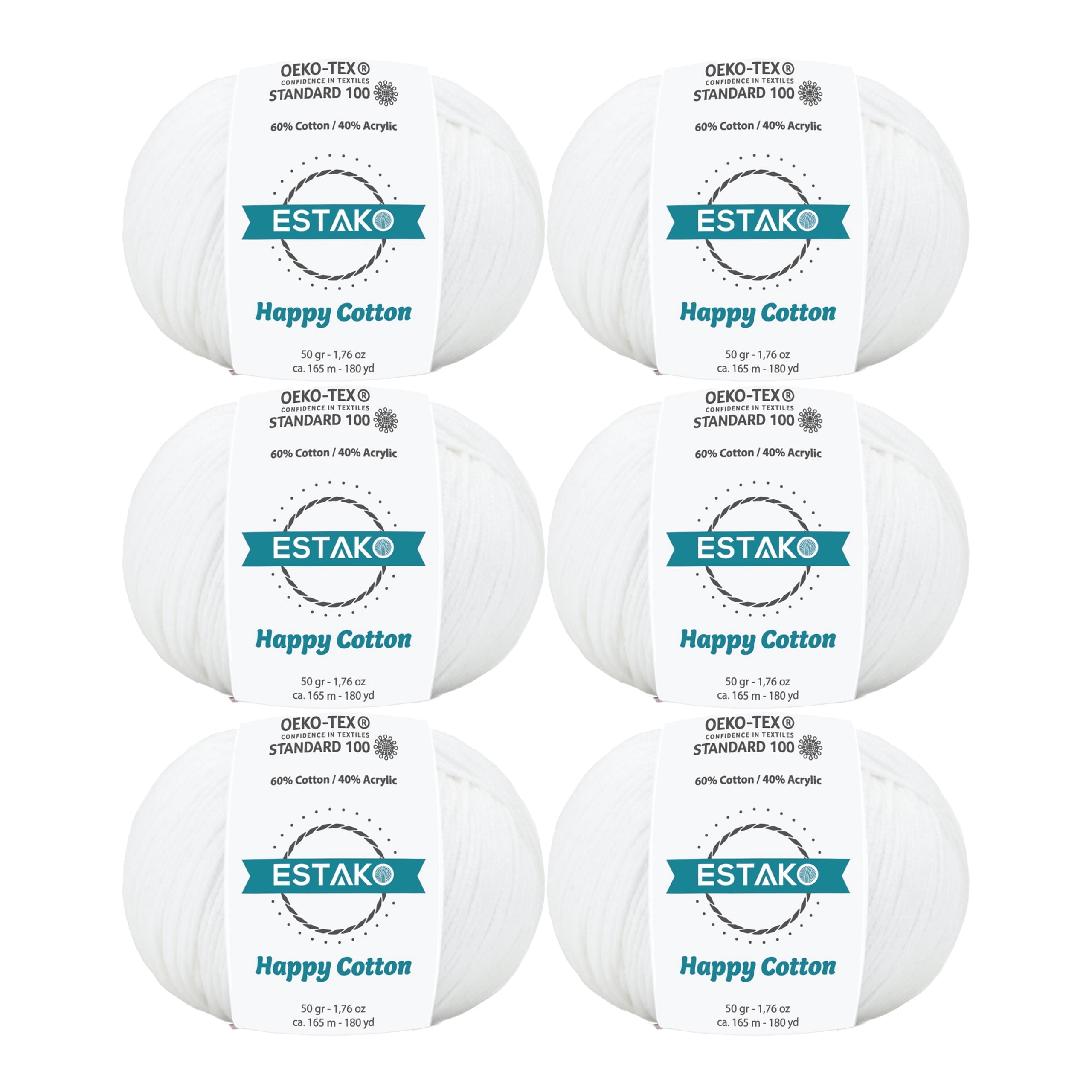 Estako Happy Cotton, (6 Skeins Pack) 60% Cotton 40% Acrylic Yarn, Soft, Fine/Sport (2) for Crochet and Knitting (6 x 1.76 Oz) / (6 x 180 Yrds) (4110 - White)