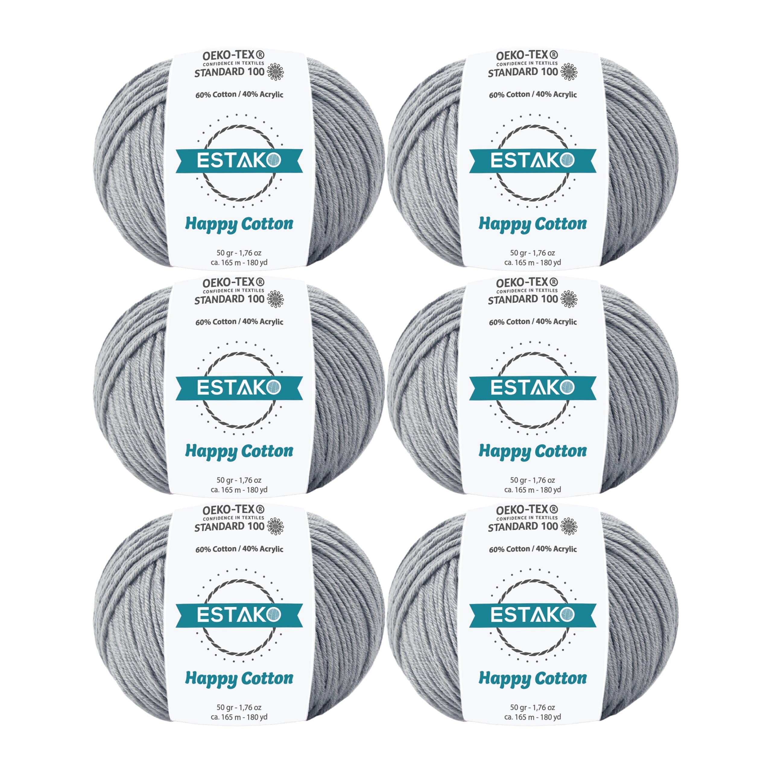 Estako Happy Cotton, (6 Skeins Pack) 60% Cotton 40% Acrylic Yarn, Soft, Fine/Sport (2) for Crochet and Knitting (6 x 1.76 Oz) / (6 x 180 Yrds) (4120 - Grey)