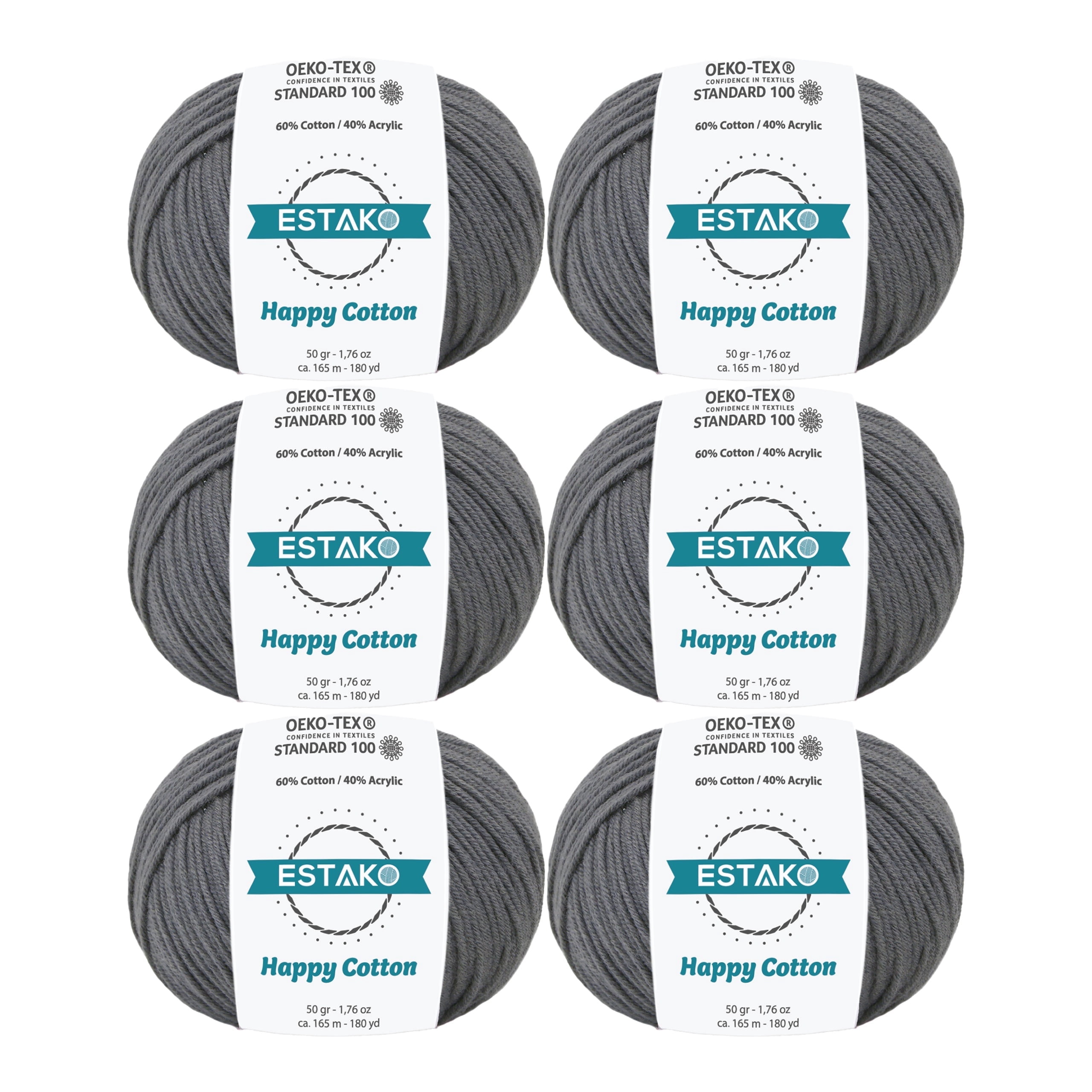 Estako Happy Cotton, (6 Skeins Pack) 60% Cotton 40% Acrylic Yarn, Soft, Fine/Sport (2) for Crochet and Knitting (6 x 1.76 Oz) / (6 x 180 Yrds) (4140 - Dark Grey)