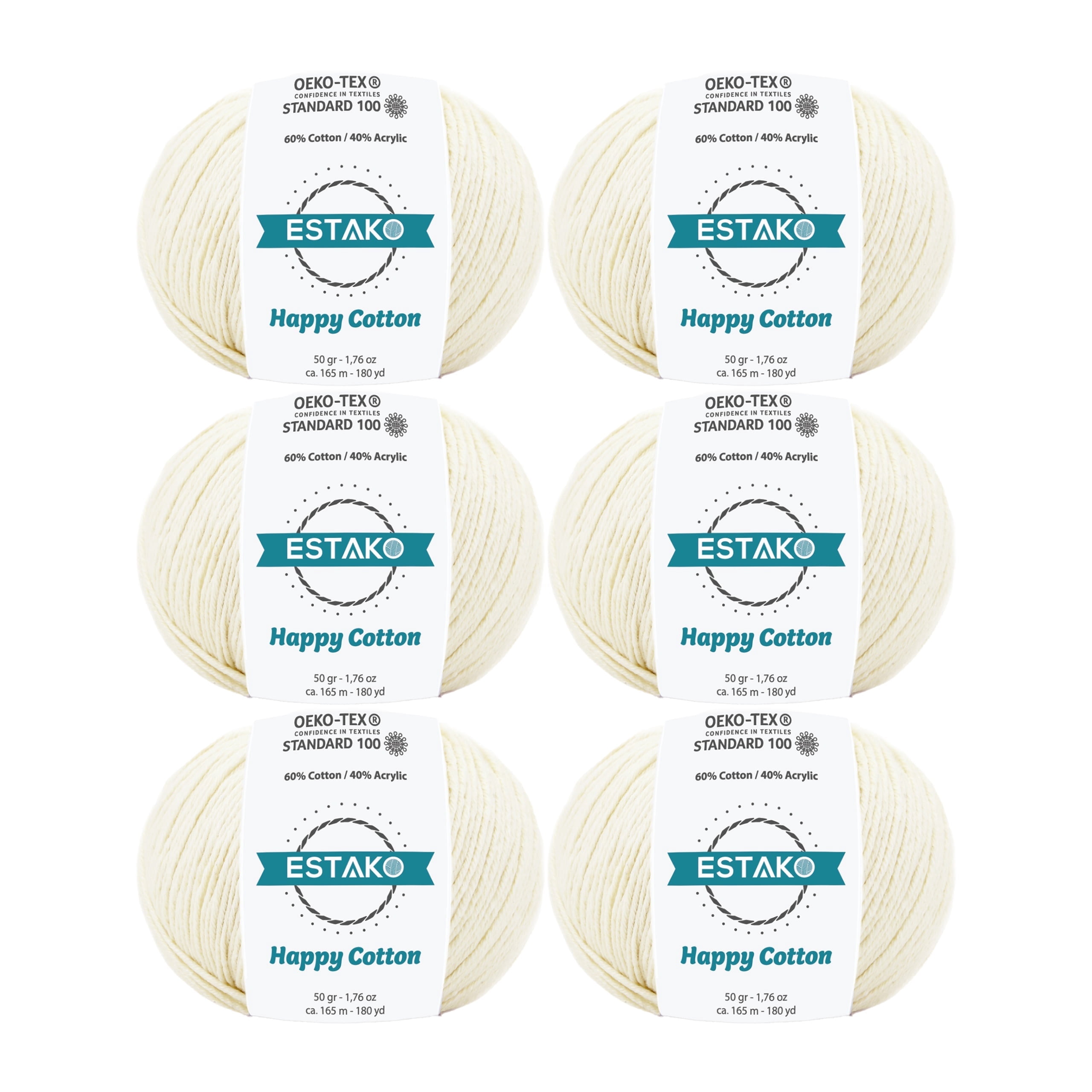 Estako Happy Cotton, (6 Skeins Pack) 60% Cotton 40% Acrylic Yarn, Soft, Fine/Sport (2) for Crochet and Knitting (6 x 1.76 Oz) / (6 x 180 Yrds) (4150 - Cream)