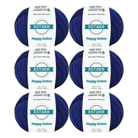 Estako Happy Cotton, (6 Skeins Pack) 60% Cotton 40% Acrylic Yarn, Soft, Fine/Sport (2) for Crochet and Knitting (6 x 1.76 Oz) / (6 x 180 Yrds) (4210 - Navy Blue)