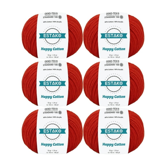 Estako Happy Cotton, (6 Skeins Pack) 60% Cotton 40% Acrylic Yarn, Soft, Fine/Sport (2) for Crochet and Knitting (6 x 1.76 Oz) / (6 x 180 Yrds) (4510 - Red)