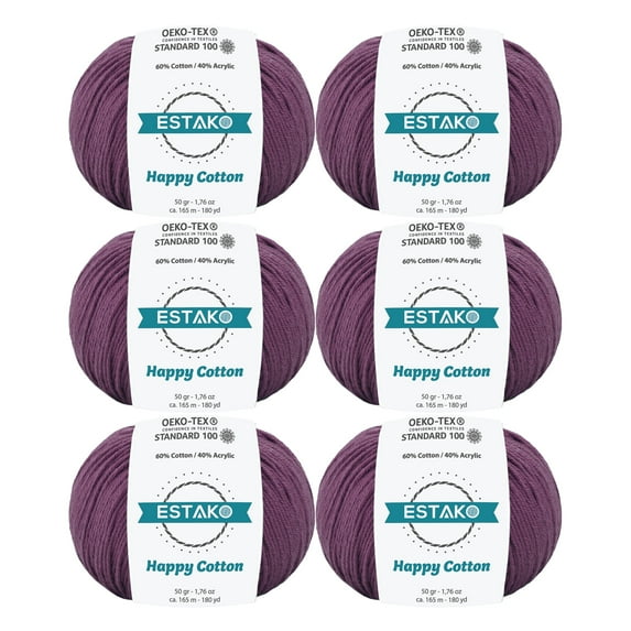 Estako Happy Cotton, (6 Skeins Pack) 60% Cotton 40% Acrylic Yarn, Soft, Fine/Sport (2) for Crochet and Knitting (6 x 1.76 Oz) / (6 x 180 Yrds) (4620 - Plum)
