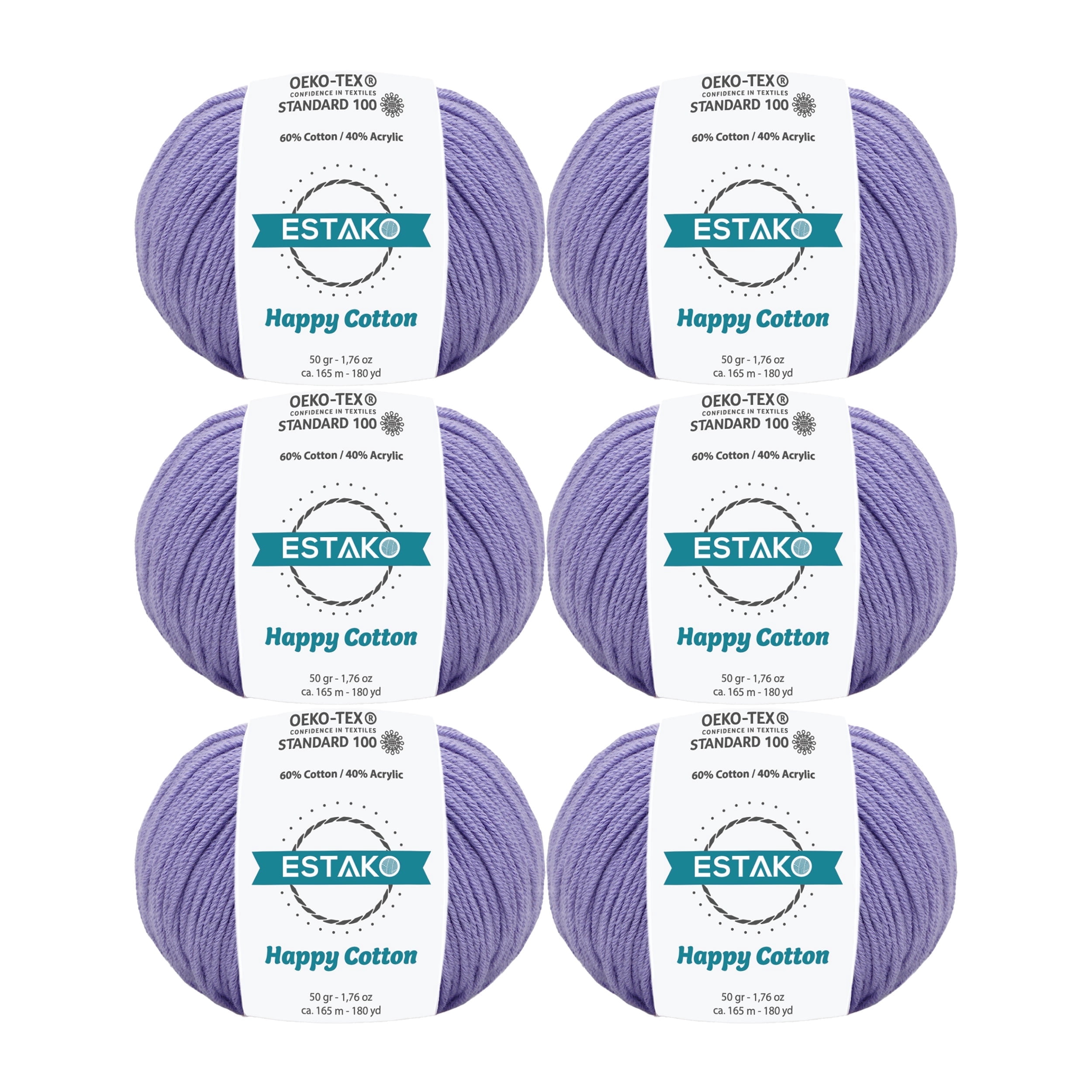 Estako Happy Cotton, (6 Skeins Pack) 60% Cotton 40% Acrylic Yarn, Soft, Fine/Sport (2) for Crochet and Knitting (6 x 1.76 Oz) / (6 x 180 Yrds) (4630 - Lila)
