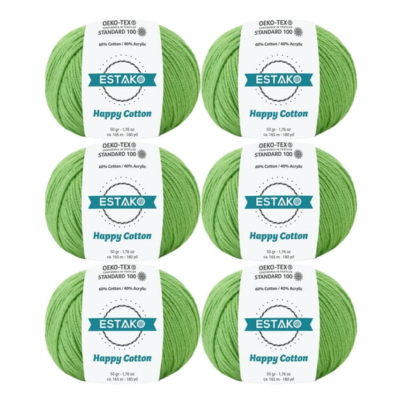Estako Happy Cotton, (6 Skeins Pack) 60% Cotton 40% Acrylic Yarn, Soft, Fine/Sport (2) for Crochet and Knitting (6 x 1.76 Oz) / (6 x 180 Yrds) (4910 - Green)