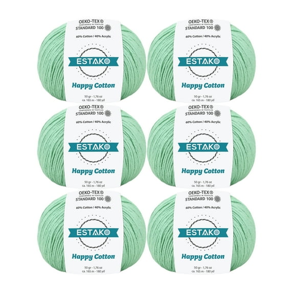 Estako Happy Cotton, (6 Skeins Pack) 60% Cotton 40% Acrylic Yarn, Soft, Fine/Sport (2) for Crochet and Knitting (6 x 1.76 Oz) / (6 x 180 Yrds) (4920 - Mint)