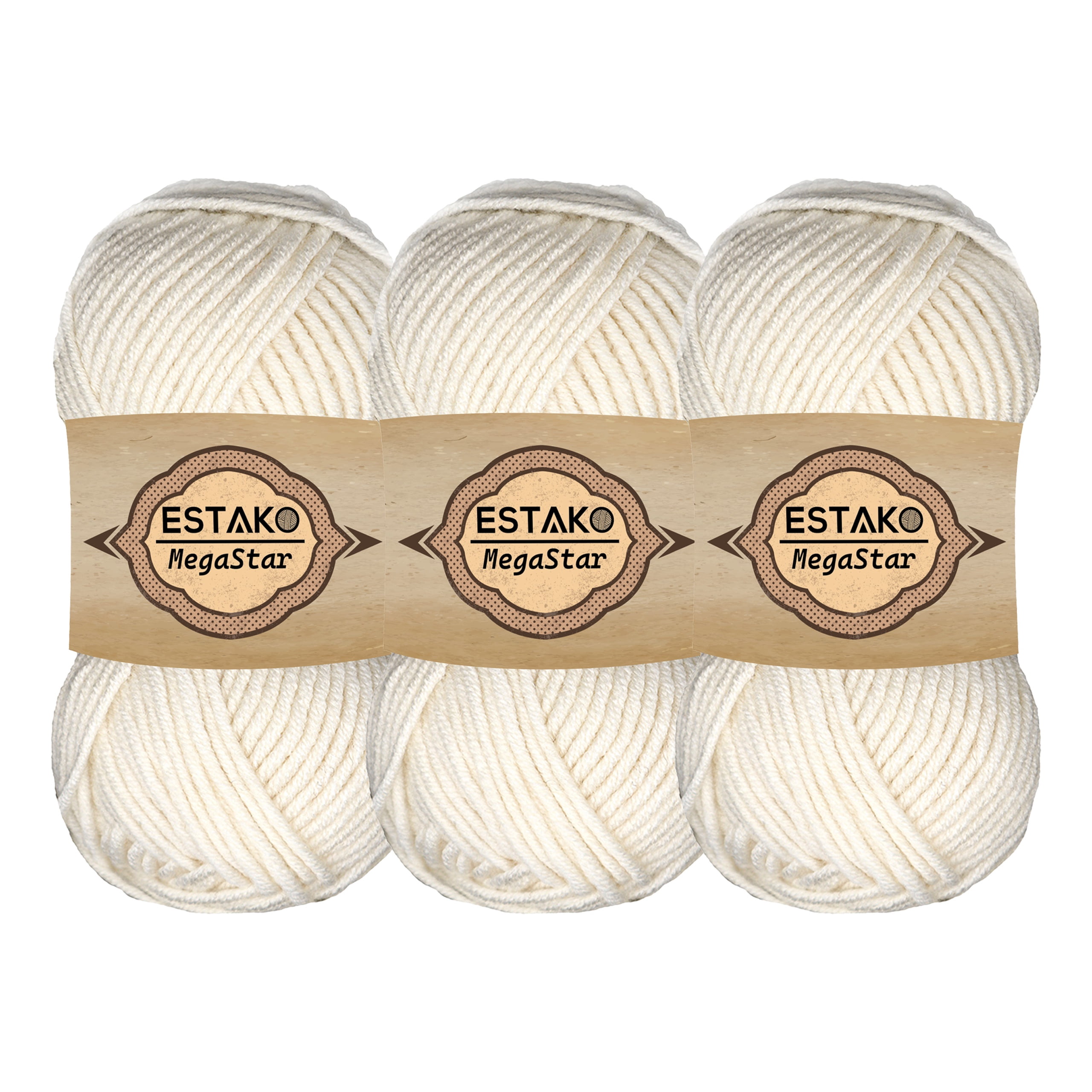 Estako Megastar, (3 Skeins Pack) 75% Acrylic 25% Wool Yarn, Soft, Chunky Bulky Weight #5 for Crochet and Knitting (3 x 3.52 Oz) / (3 x 120 Yrds) (60169 - Off White)