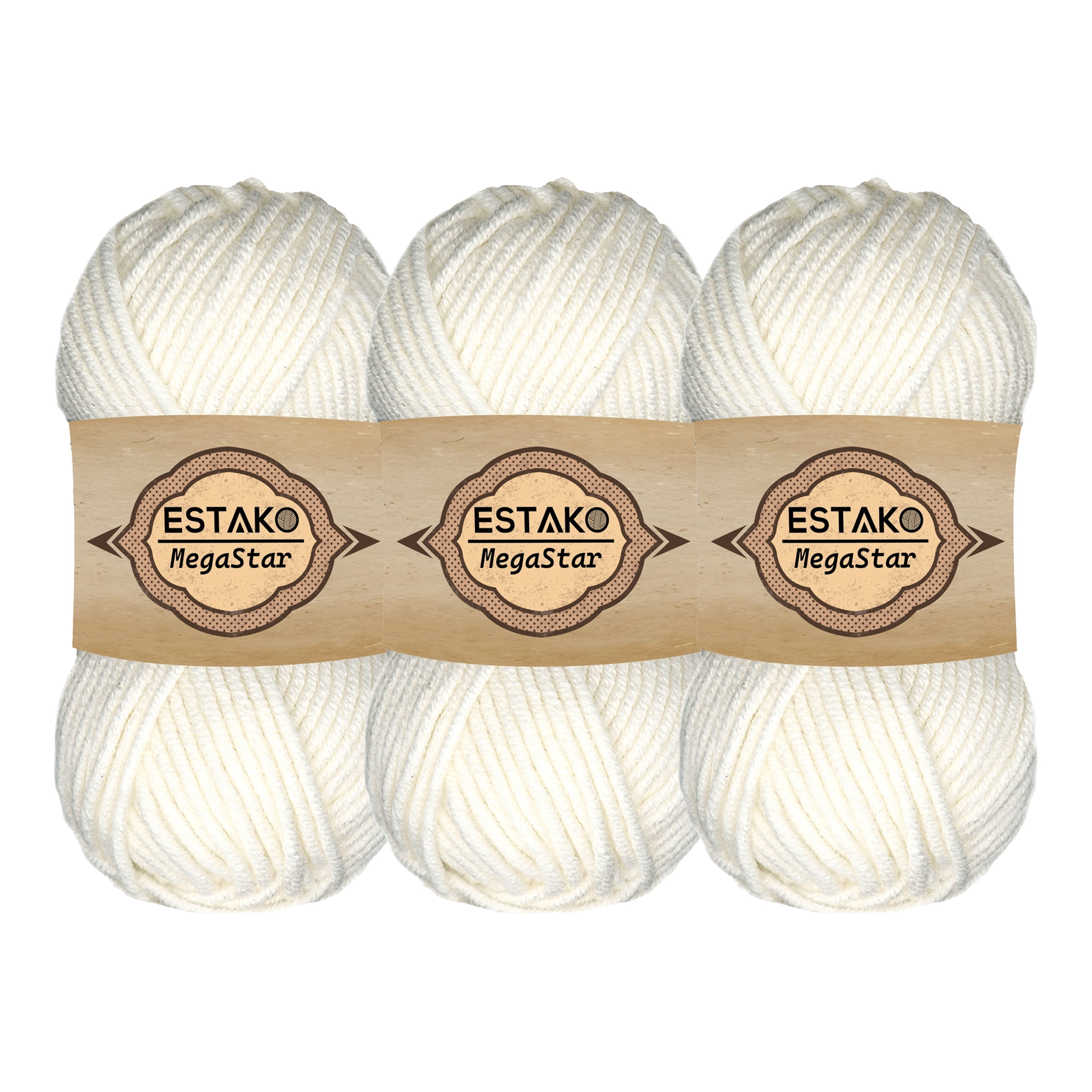 Estako Megastar, (3 Skeins Pack) 75% Acrylic 25% Wool Yarn, Soft, Chunky Bulky Weight #5 for Crochet and Knitting (3 x 3.52 Oz) / (3 x 120 Yrds) (60187-White)