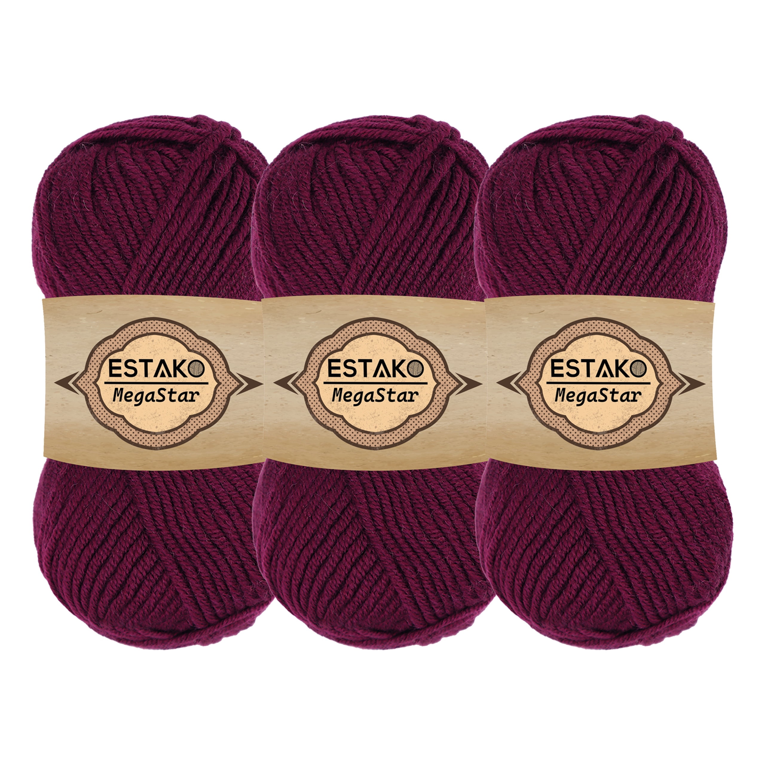 Estako Megastar, (3 Skeins Pack) 75% Acrylic 25% Wool Yarn, Soft, Chunky Bulky Weight #5 for Crochet and Knitting (3 x 3.52 Oz) / (3 x 120 Yrds) (60609 - Aubergine)