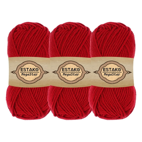 Estako Megastar, (3 Skeins Pack) 75% Acrylic 25% Wool Yarn, Soft, Chunky Bulky Weight #5 for Crochet and Knitting (3 x 3.52 Oz) / (3 x 120 Yrds) (63121 - Red)