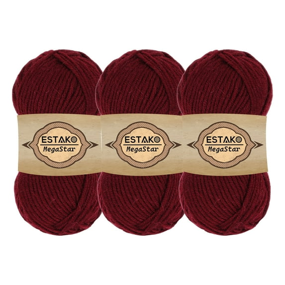 Estako Megastar, (3 Skeins Pack) 75% Acrylic 25% Wool Yarn, Soft, Chunky Bulky Weight #5 for Crochet and Knitting (3 x 3.52 Oz) / (3 x 120 Yrds) (63143 - Claret Red)