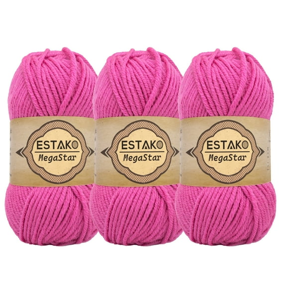 Estako Megastar, (3 Skeins Pack) 75% Acrylic 25% Wool Yarn, Soft, Chunky Bulky Weight #5 for Crochet and Knitting (3 x 3.52 Oz) / (3 x 120 Yrds) (63308 - Pink)