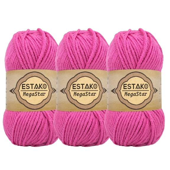 Estako Megastar, (3 Skeins Pack) 75% Acrylic 25% Wool Yarn, Soft, Chunky Bulky Weight #5 for Crochet and Knitting (3 x 3.52 Oz) / (3 x 120 Yrds) (63308 - Pink)