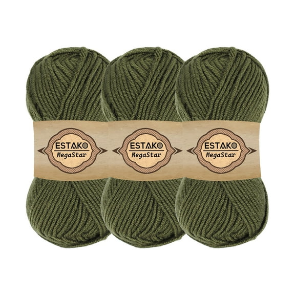 Estako Megastar, (3 Skeins Pack) 75% Acrylic 25% Wool Yarn, Soft, Chunky Bulky Weight #5 for Crochet and Knitting (3 x 3.52 Oz) / (3 x 120 Yrds) (64065 - Khaki)
