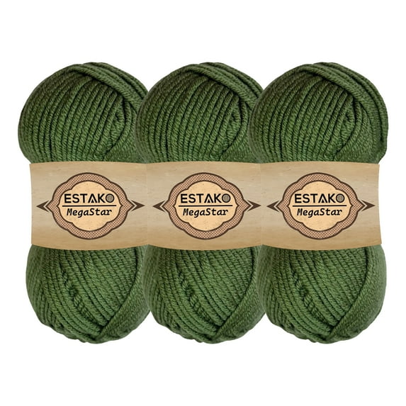 Estako Megastar, (3 Skeins Pack) 75% Acrylic 25% Wool Yarn, Soft, Chunky Bulky Weight #5 for Crochet and Knitting (3 x 3.52 Oz) / (3 x 120 Yrds) (64246 - Green)