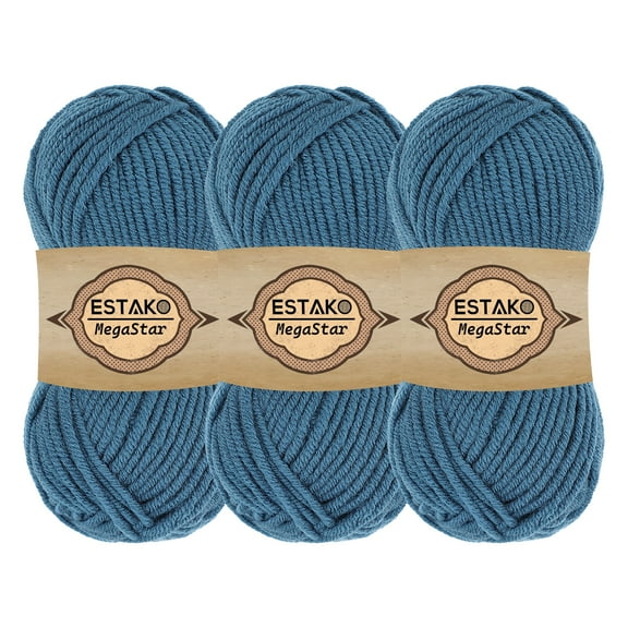 Estako Megastar, (3 Skeins Pack) 75% Acrylic 25% Wool Yarn, Soft, Chunky Bulky Weight #5 for Crochet and Knitting (3 x 3.52 Oz) / (3 x 120 Yrds) (65096 - Oil Blue)
