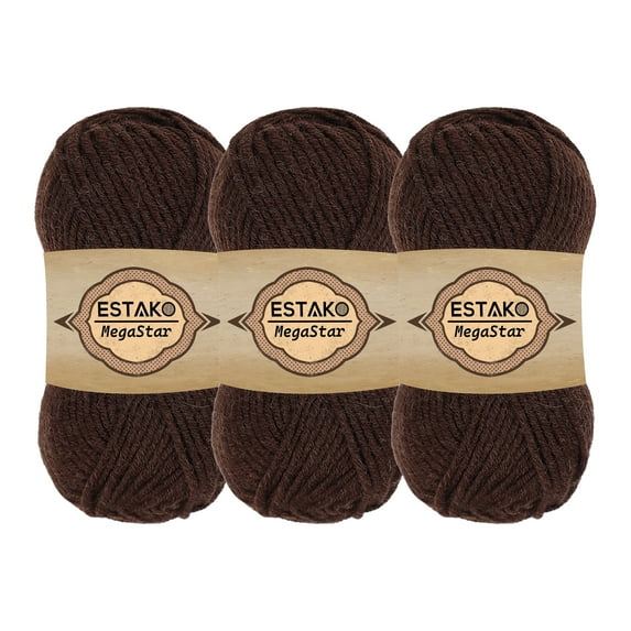Estako Megastar, (3 Skeins Pack) 75% Acrylic 25% Wool Yarn, Soft, Chunky Bulky Weight #5 for Crochet and Knitting (3 x 3.52 Oz) / (3 x 120 Yrds) (67013 - Brown)