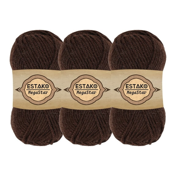 Estako Megastar, (3 Skeins Pack) 75% Acrylic 25% Wool Yarn, Soft, Chunky Bulky Weight #5 for Crochet and Knitting (3 x 3.52 Oz) / (3 x 120 Yrds) (67013 - Brown)