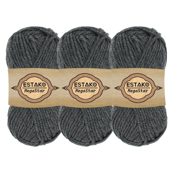 Estako Megastar, (3 Skeins Pack) 75% Acrylic 25% Wool Yarn, Soft, Chunky Bulky Weight #5 for Crochet and Knitting (3 x 3.52 Oz) / (3 x 120 Yrds) (69027 - Grey)