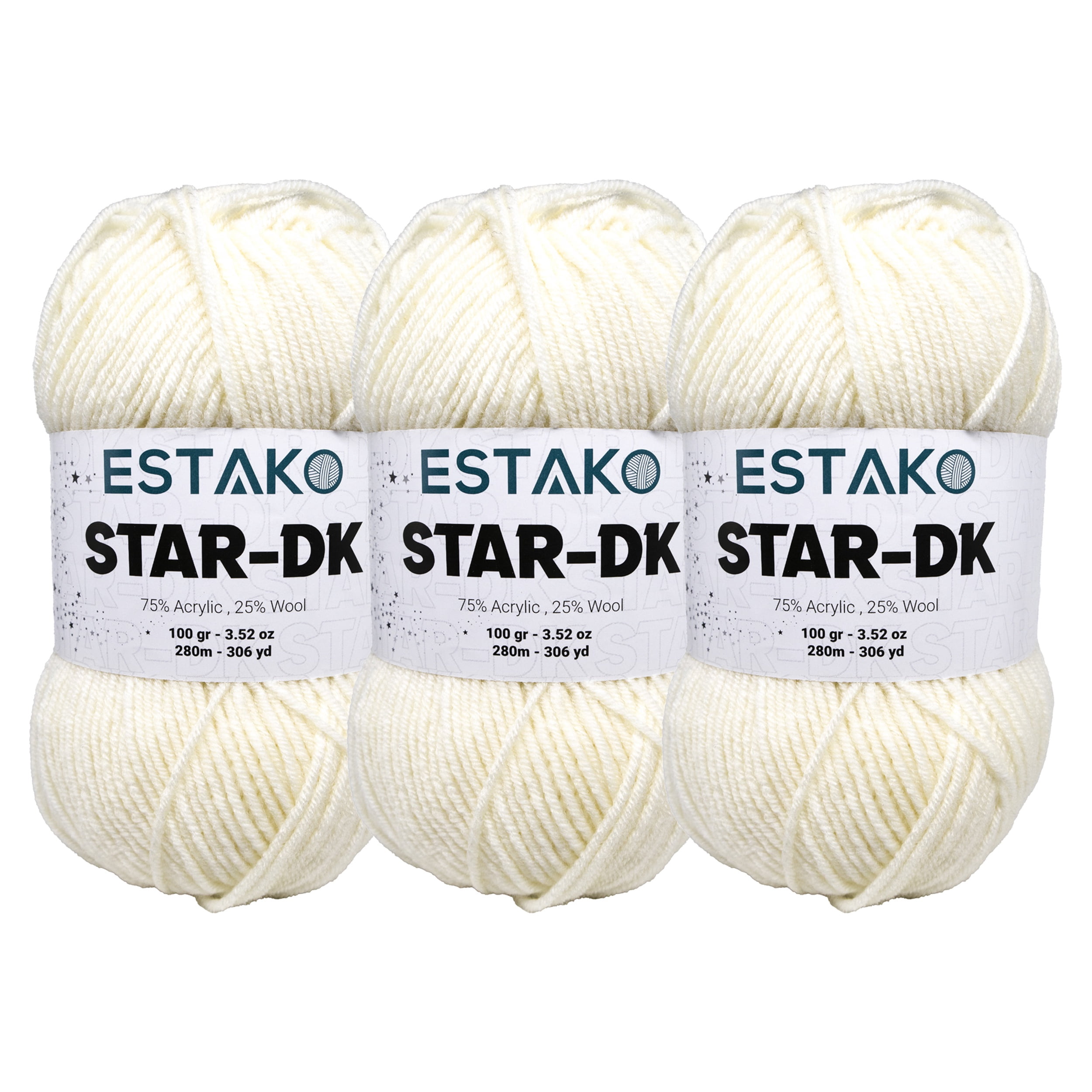 Estako Star-DK Yarn - (3 Skeins Pack) - 75% Acrylic 25% Wool - Soft Lightweight DK #3 - (3 x 3.52 Oz) / (3 x 306 Yrds) - Crochet & Knitting Yarn ( 30169 - Off White )