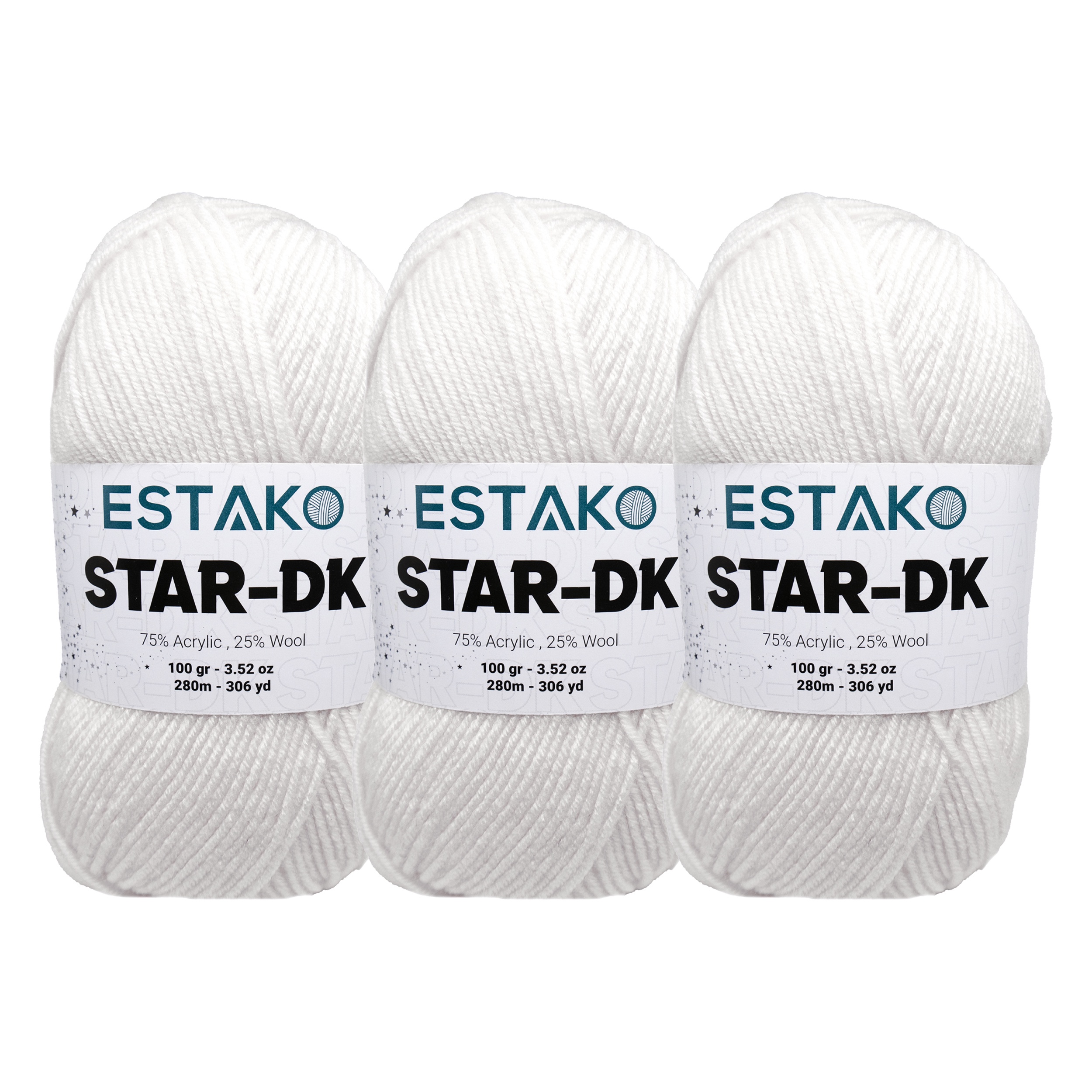 Estako Star-DK Yarn - (3 Skeins Pack) - 75% Acrylic 25% Wool - Soft Lightweight DK #3 - (3 x 3.52 Oz) / (3 x 306 Yrds) - Crochet & Knitting Yarn ( 30187 - White )