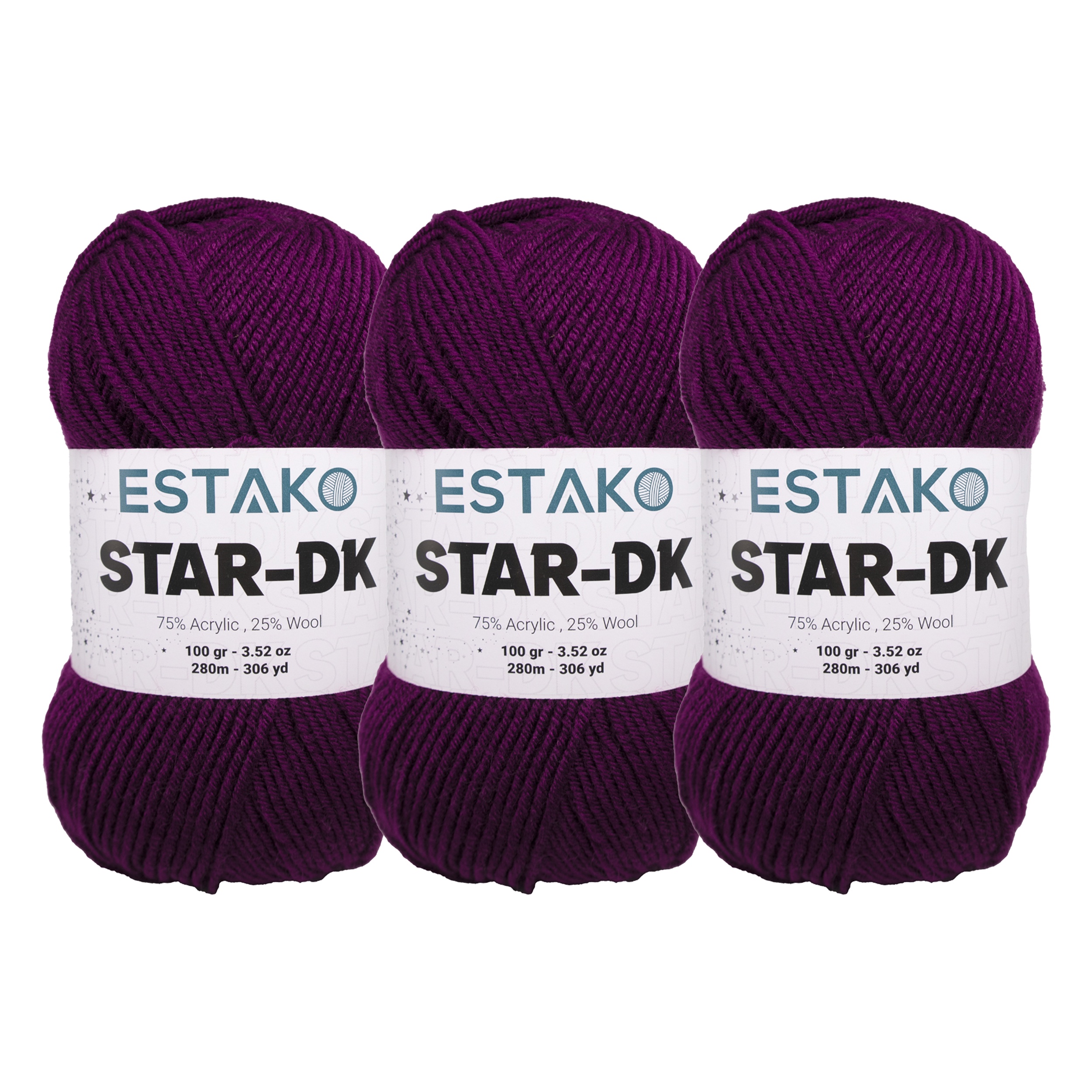 Estako Star-DK Yarn - (3 Skeins Pack) - 75% Acrylic 25% Wool - Soft Lightweight DK #3 - (3 x 3.52 Oz) / (3 x 306 Yrds) - Crochet & Knitting Yarn ( 30609 - Aubergine )