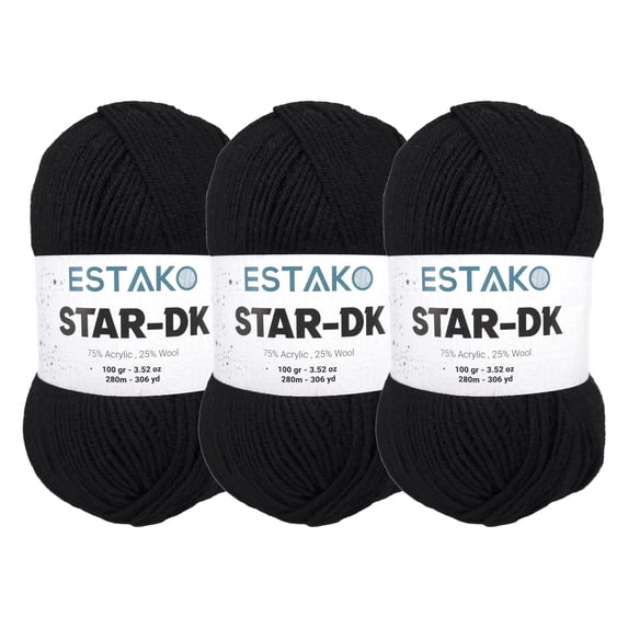 Estako Star-DK Yarn - (3 Skeins Pack) - 75% Acrylic 25% Wool - Soft Lightweight DK #3 - (3 x 3.52 Oz) / (3 x 306 Yrds) - Crochet & Knitting Yarn ( 30978 - Black )