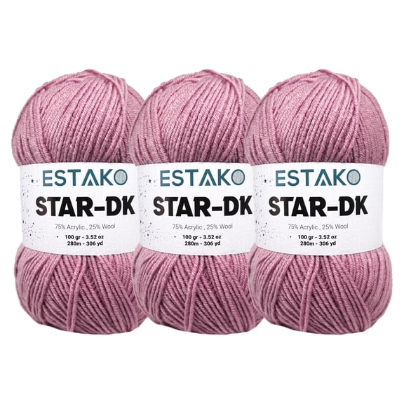 Estako Star-DK Yarn - (3 Skeins Pack) - 75% Acrylic 25% Wool - Soft Lightweight DK #3 - (3 x 3.52 Oz) / (3 x 306 Yrds) - Crochet & Knitting Yarn ( 33142 - Rose )
