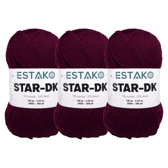 Estako Star-DK Yarn - (3 Skeins Pack) - 75% Acrylic 25% Wool - Soft Lightweight DK #3 - (3 x 3.52 Oz) / (3 x 306 Yrds) - Crochet & Knitting Yarn ( 33143 - Claret Red )