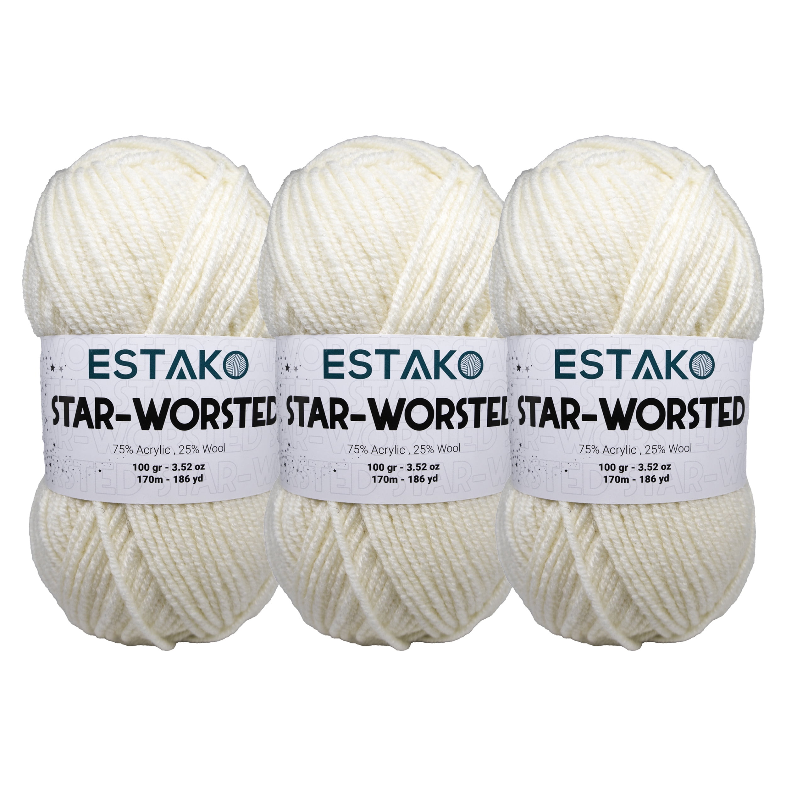 Estako Star-Worsted Yarn - (3 Skeins Pack) - 75% Acrylic 25% Wool - Soft Medium Weight #4 - (3 x 3.52 oz / 3 x 186 yds) - Crochet & Knitting Yarn ( 40169 - Off White )