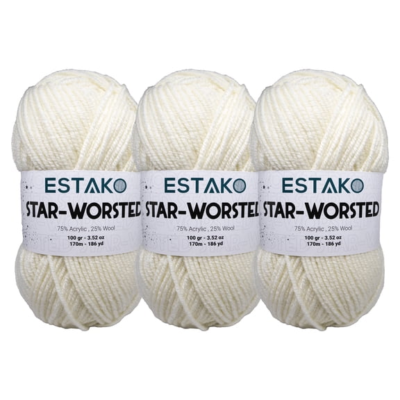 Estako Star-Worsted Yarn - (3 Skeins Pack) - 75% Acrylic 25% Wool - Soft Medium Weight #4 - (3 x 3.52 oz / 3 x 186 yds) - Crochet & Knitting Yarn ( 40169 - Off White )