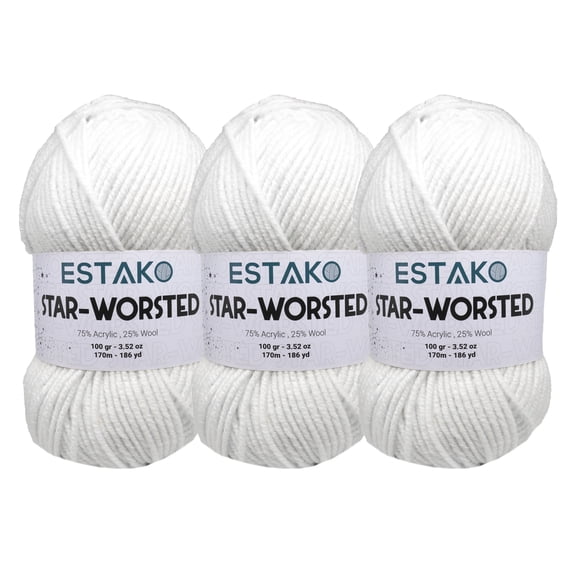 Estako Star-Worsted Yarn - (3 Skeins Pack) - 75% Acrylic 25% Wool - Soft Medium Weight #4 - (3 x 3.52 oz / 3 x 186 yds) - Crochet & Knitting Yarn ( 40187 - White )