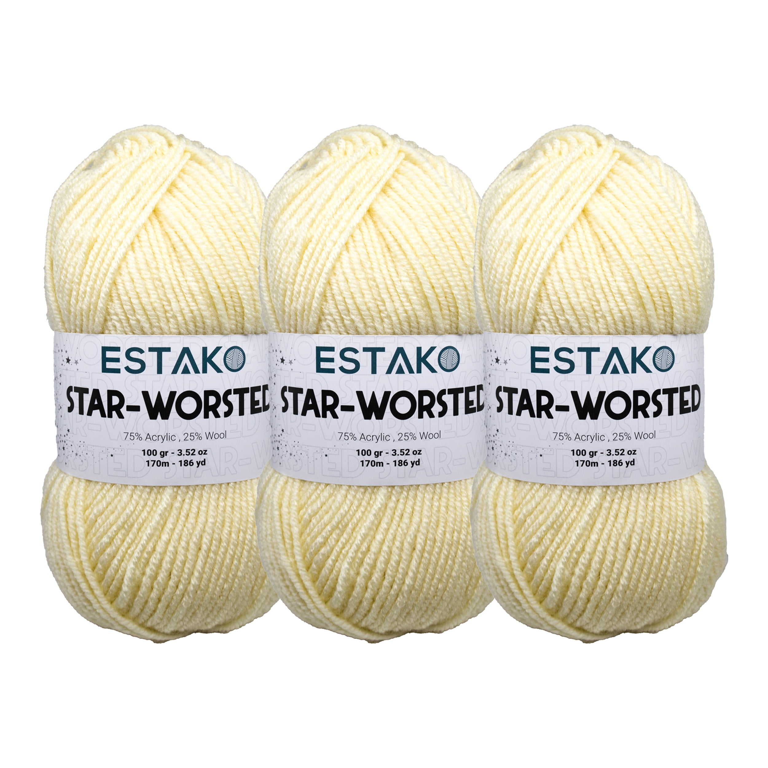 Estako Star-Worsted Yarn - (3 Skeins Pack) - 75% Acrylic 25% Wool - Soft Medium Weight #4 - (3 x 3.52 oz / 3 x 186 yds) - Crochet & Knitting Yarn ( 40299 - Cream )