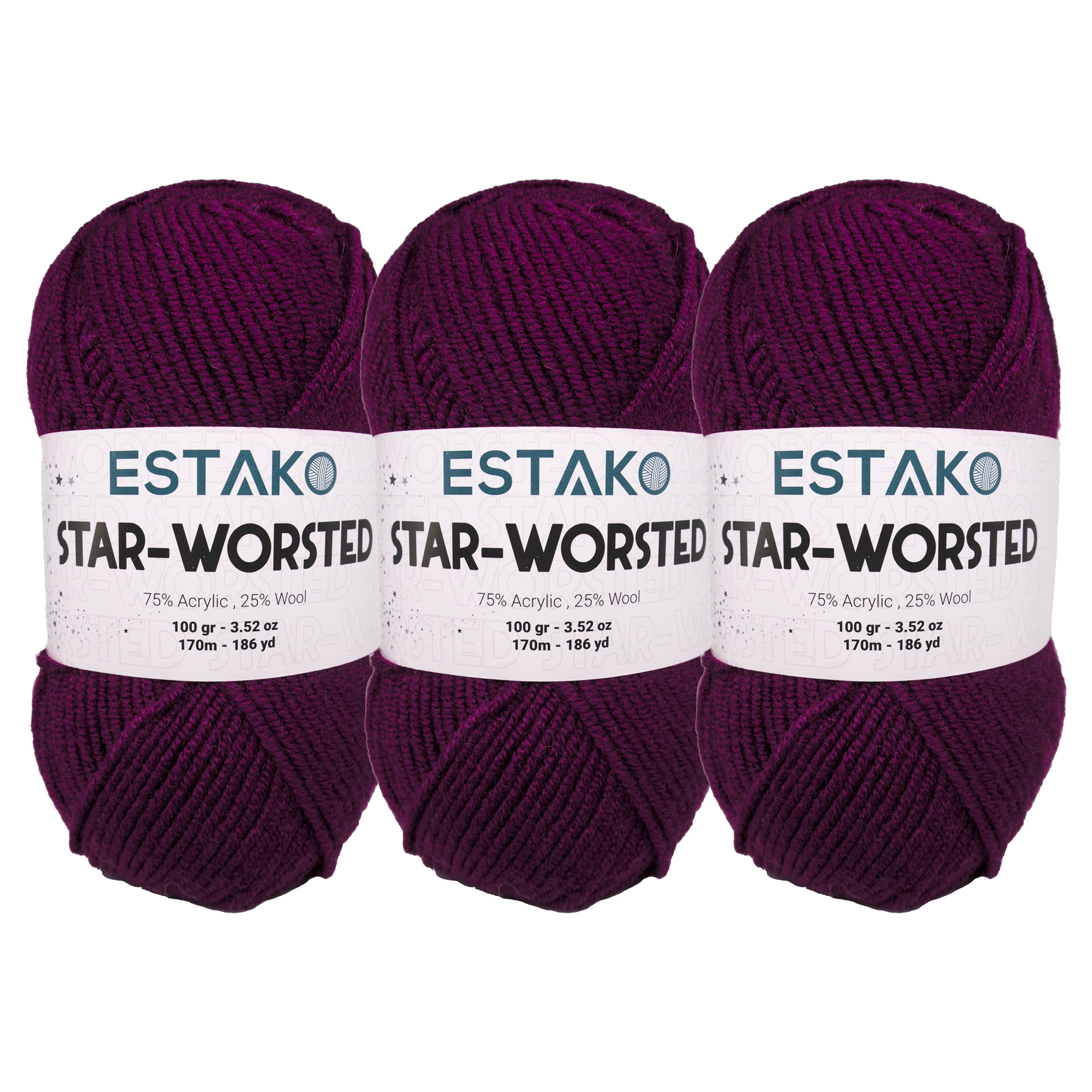 Estako Star-Worsted Yarn - (3 Skeins Pack) - 75% Acrylic 25% Wool - Soft Medium Weight #4 - (3 x 3.52 oz / 3 x 186 yds) - Crochet & Knitting Yarn ( 40609 - Aubergine )