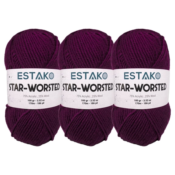 Estako Star-Worsted Yarn - (3 Skeins Pack) - 75% Acrylic 25% Wool - Soft Medium Weight #4 - (3 x 3.52 oz / 3 x 186 yds) - Crochet & Knitting Yarn ( 40609 - Aubergine )
