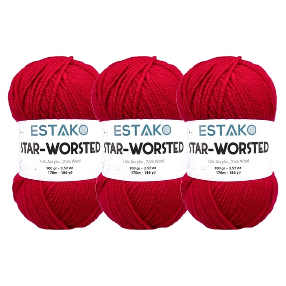 Estako Star-Worsted Yarn - (3 Skeins Pack) - 75% Acrylic 25% Wool - Soft Medium Weight #4 - (3 x 3.52 oz / 3 x 186 yds) - Crochet & Knitting Yarn ( 43121 - Red )
