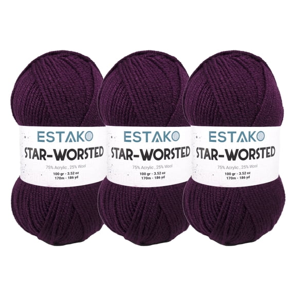 Estako Star-Worsted Yarn - (3 Skeins Pack) - 75% Acrylic 25% Wool - Soft Medium Weight #4 - (3 x 3.52 oz / 3 x 186 yds) - Crochet & Knitting Yarn ( 46001 - Dark Purple )