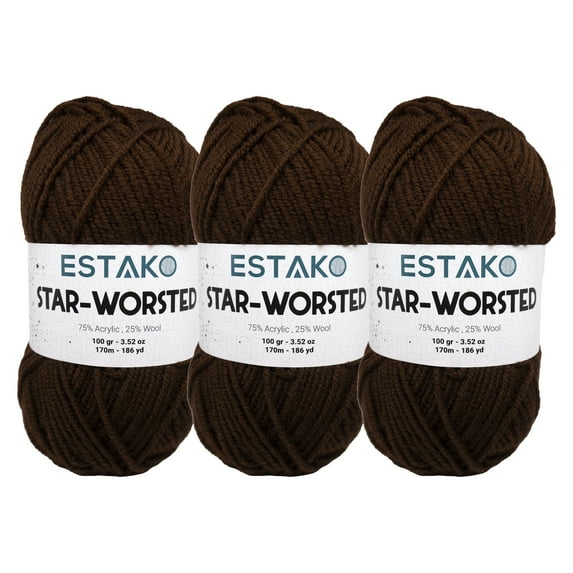 Estako Star-Worsted Yarn - (3 Skeins Pack) - 75% Acrylic 25% Wool - Soft Medium Weight #4 - (3 x 3.52 oz / 3 x 186 yds) - Crochet & Knitting Yarn ( 47013 - Brown )